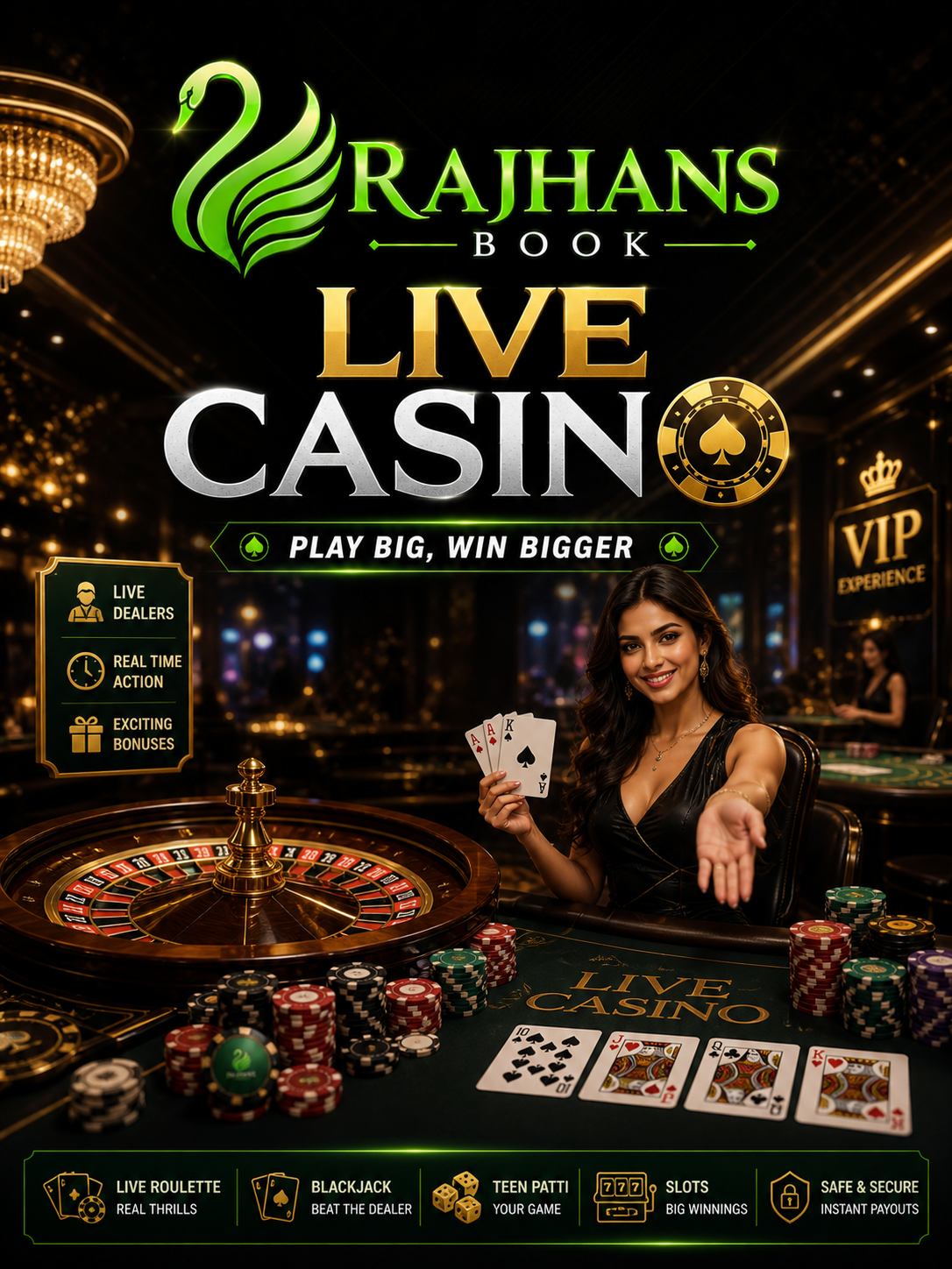 Luxury live casino table lit by warm studio pendants